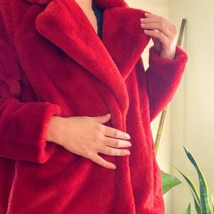 Red faux fur coat